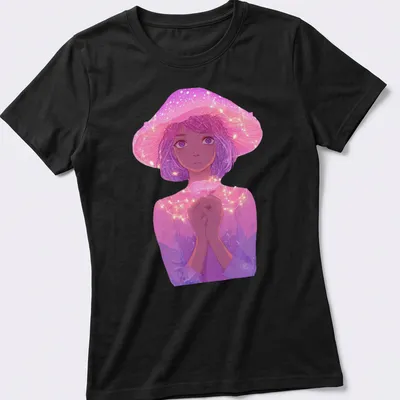 Whimsical illustration of a fairy girl next to a glowing pink mushroom — printed on a women's shirt