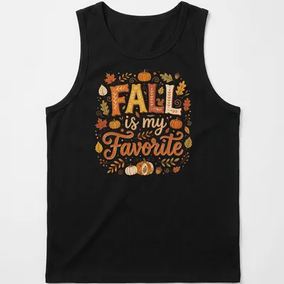 Whimsical illustration of pumpkins and autumn leaves with text 'FALL is my Favorite' — printed on a tank top