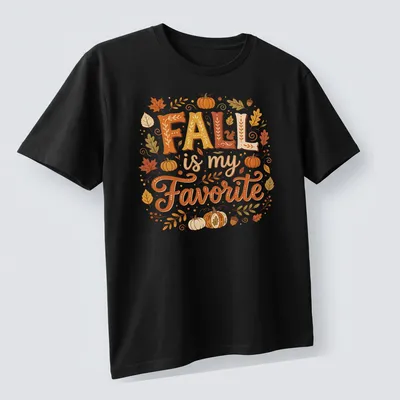 Whimsical illustration of pumpkins and autumn leaves with text 'FALL is my Favorite' — printed on a unisex t-shirt (angled view)