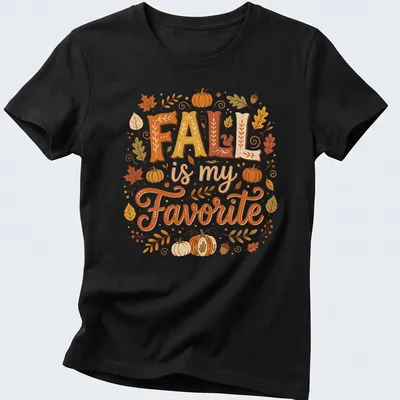 Whimsical illustration of pumpkins and autumn leaves with text 'FALL is my Favorite' — printed on a women's shirt