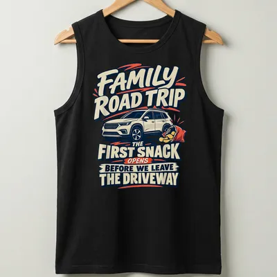 Bold vintage Family Road Trip t-shirt featuring a car and printed text — printed on a tank top