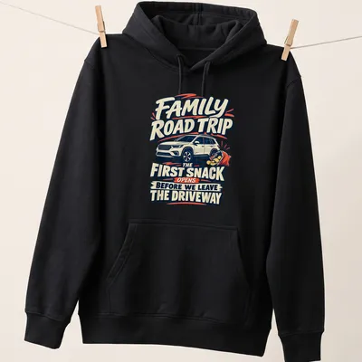 Bold vintage Family Road Trip t-shirt featuring a car and printed text — printed on a unisex hoodie