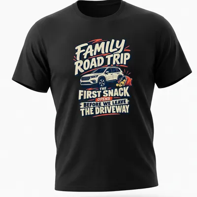 Bold vintage Family Road Trip t-shirt featuring a car and printed text