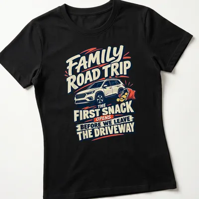 Bold vintage Family Road Trip t-shirt featuring a car and printed text — printed on a women's shirt