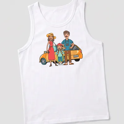 Cartoon design of a happy family trip in bright colors — printed on a tank top