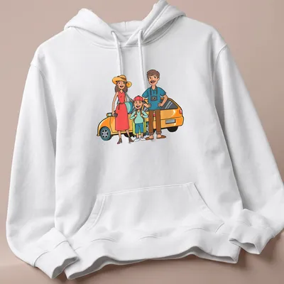 Cartoon design of a happy family trip in bright colors — printed on a unisex hoodie