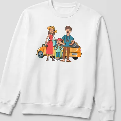 Cartoon design of a happy family trip in bright colors — printed on a unisex sweatshirt