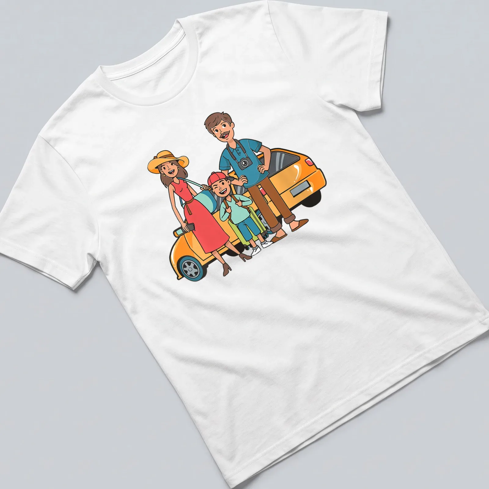 Cartoon design of a happy family trip in bright colors — printed on a unisex t-shirt