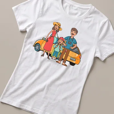 Cartoon design of a happy family trip in bright colors — printed on a women's shirt