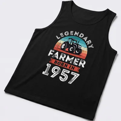 Retro distressed t-shirt with tractor and text for a legendary farmer born in 1957 — printed on a tank top