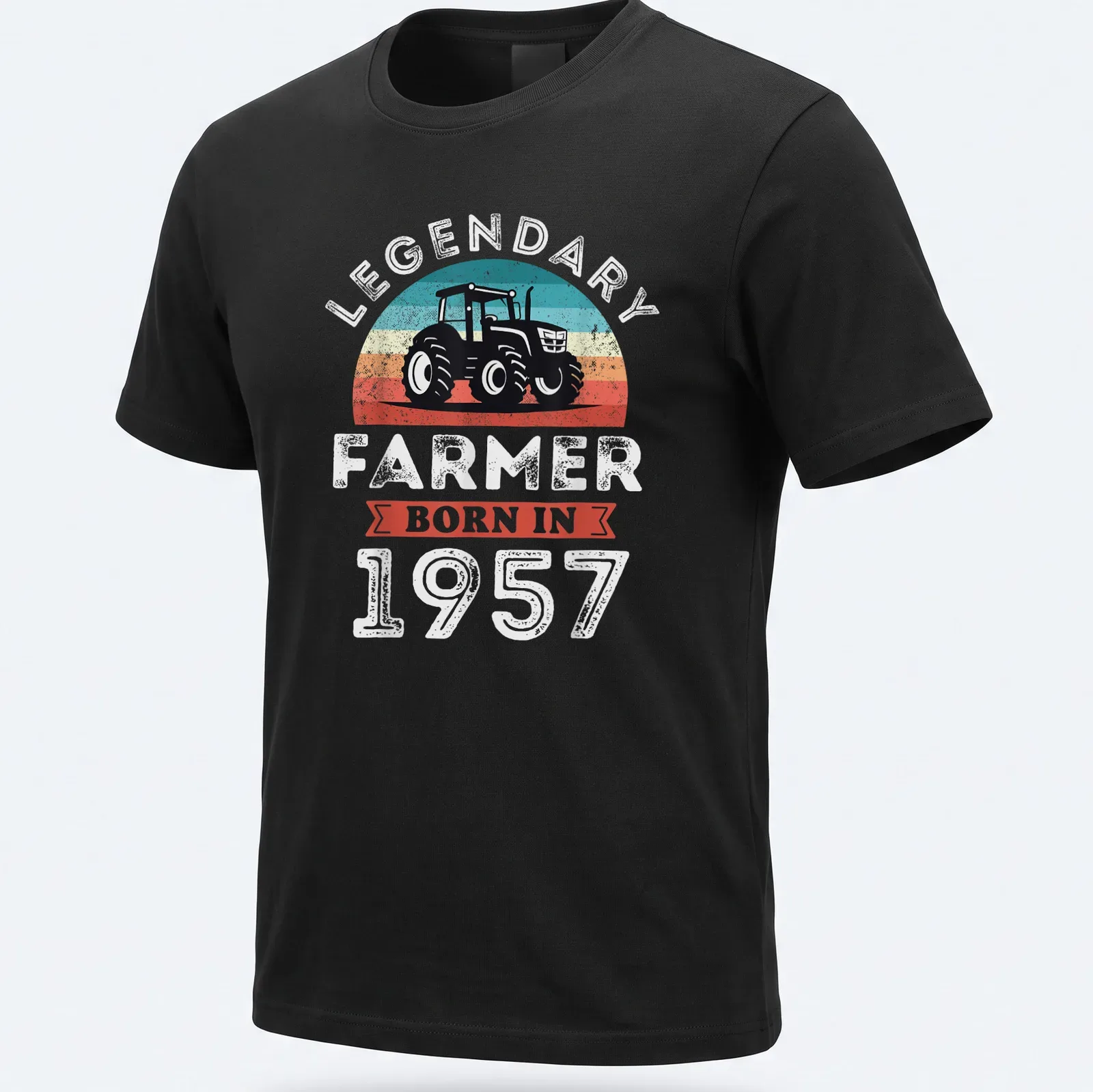 Retro distressed t-shirt with tractor and text for a legendary farmer born in 1957 — printed on a unisex t-shirt