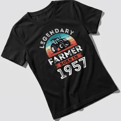 Retro distressed t-shirt with tractor and text for a legendary farmer born in 1957 — printed on a women's shirt