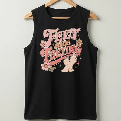 Playful retro Feet Are Feeting t-shirt with colorful lettering and feet illustration — printed on a tank top
