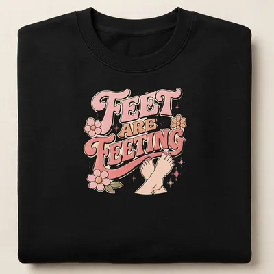 Playful retro Feet Are Feeting t-shirt with colorful lettering and feet illustration — printed on a unisex sweatshirt