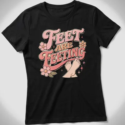 Playful retro Feet Are Feeting t-shirt with colorful lettering and feet illustration — printed on a women's shirt