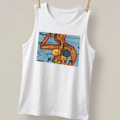 Colorful watercolor FEMEN feminist figure t-shirt in orange, blue, and black — printed on a tank top