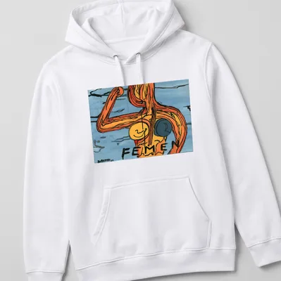 Colorful watercolor FEMEN feminist figure t-shirt in orange, blue, and black — printed on a unisex hoodie