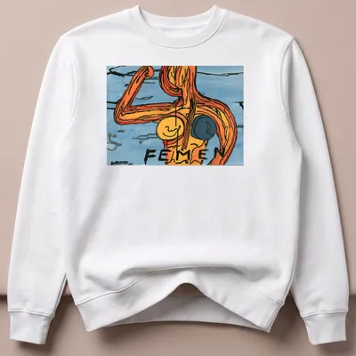 Colorful watercolor FEMEN feminist figure t-shirt in orange, blue, and black — printed on a unisex sweatshirt