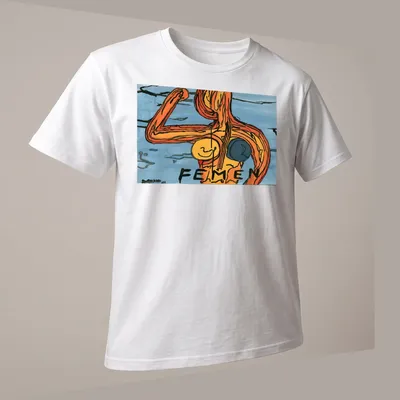 Colorful watercolor FEMEN feminist figure t-shirt in orange, blue, and black — printed on a unisex t-shirt (angled view)