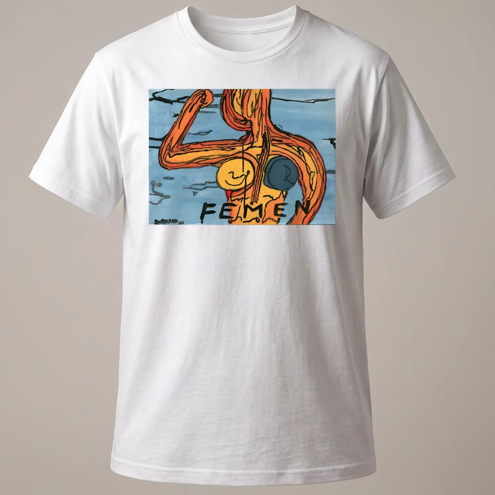 Colorful watercolor FEMEN feminist figure t-shirt in orange, blue, and black — printed on a unisex t-shirt