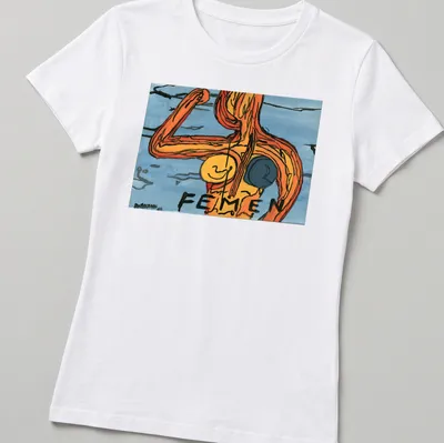 Colorful watercolor FEMEN feminist figure t-shirt in orange, blue, and black — printed on a women's shirt