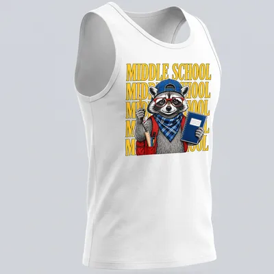 Illustration of a raccoon with the text 'MIDDLE SCHOOL' in colorful design — printed on a tank top