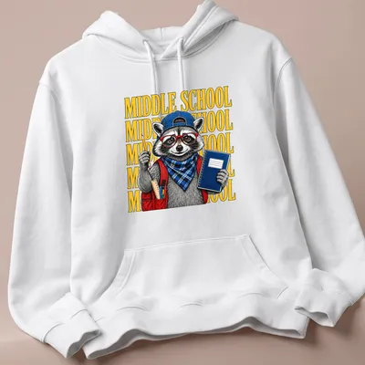 Illustration of a raccoon with the text 'MIDDLE SCHOOL' in colorful design — printed on a unisex hoodie