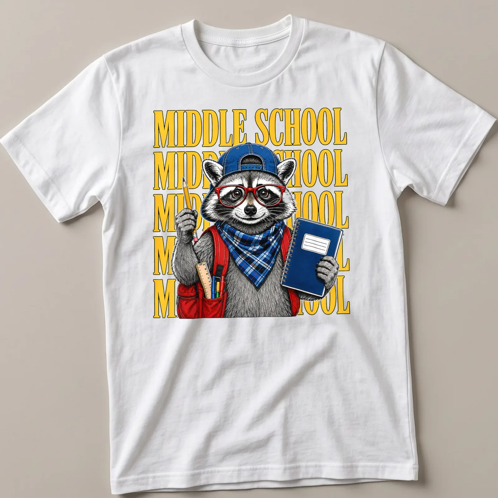 Illustration of a raccoon with the text 'MIDDLE SCHOOL' in colorful design — printed on a unisex t-shirt
