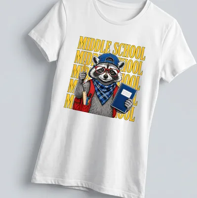 Illustration of a raccoon with the text 'MIDDLE SCHOOL' in colorful design — printed on a women's shirt