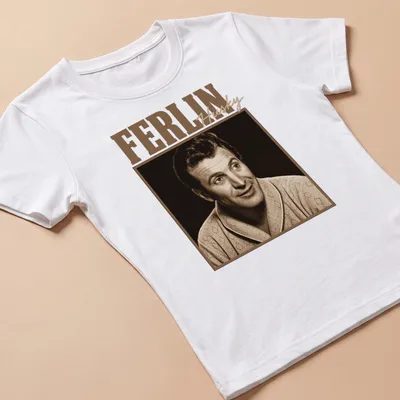 Vintage-inspired Ferlin Husky t-shirt with a classic portrait in warm tones — printed on a women's shirt