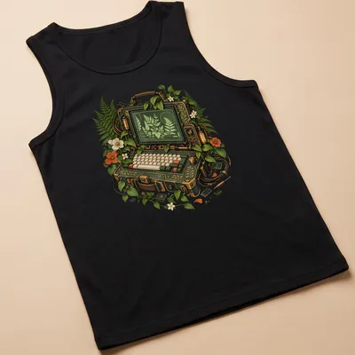 Illustration of a portable computer with ferns and flowers in green and cream tones — printed on a tank top