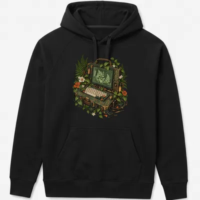 Illustration of a portable computer with ferns and flowers in green and cream tones — printed on a unisex hoodie