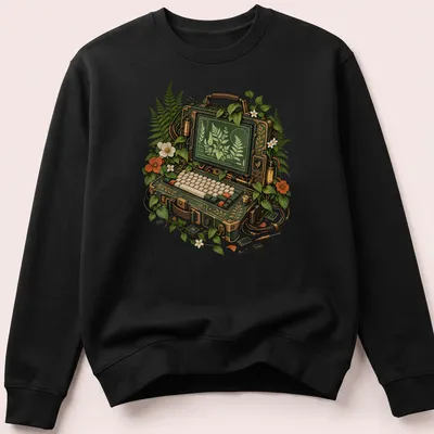 Illustration of a portable computer with ferns and flowers in green and cream tones — printed on a unisex sweatshirt