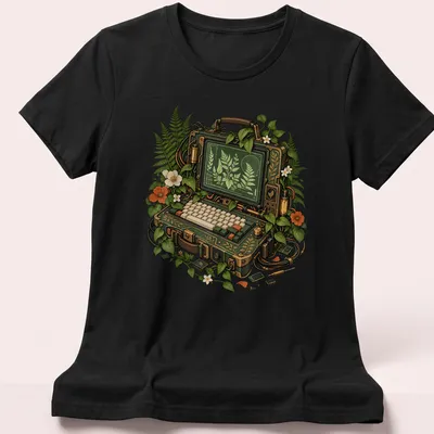 Illustration of a portable computer with ferns and flowers in green and cream tones — printed on a women's shirt