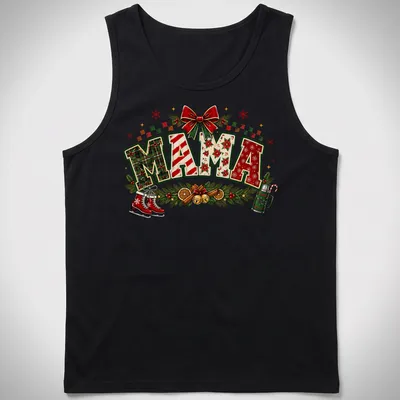 Colorful Christmas-themed t-shirt featuring 'MAMA' text with festive elements — printed on a tank top