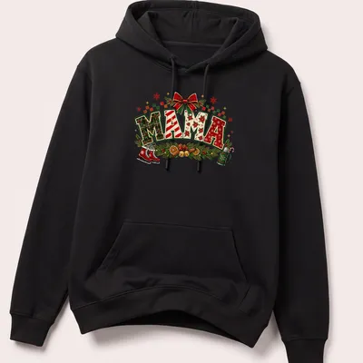 Colorful Christmas-themed t-shirt featuring 'MAMA' text with festive elements — printed on a unisex hoodie