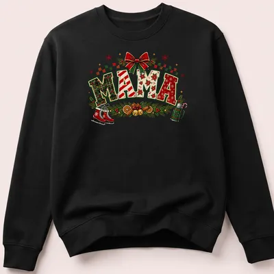 Colorful Christmas-themed t-shirt featuring 'MAMA' text with festive elements — printed on a unisex sweatshirt