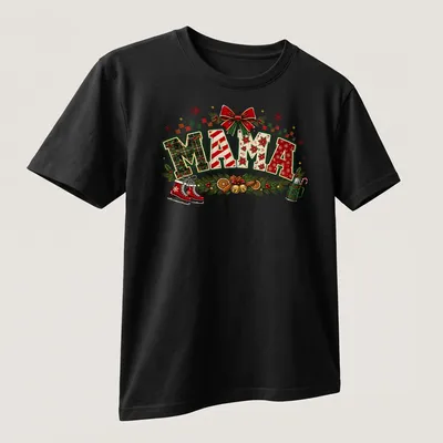 Colorful Christmas-themed t-shirt featuring 'MAMA' text with festive elements — printed on a unisex t-shirt (angled view)