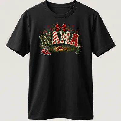 Colorful Christmas-themed t-shirt featuring 'MAMA' text with festive elements