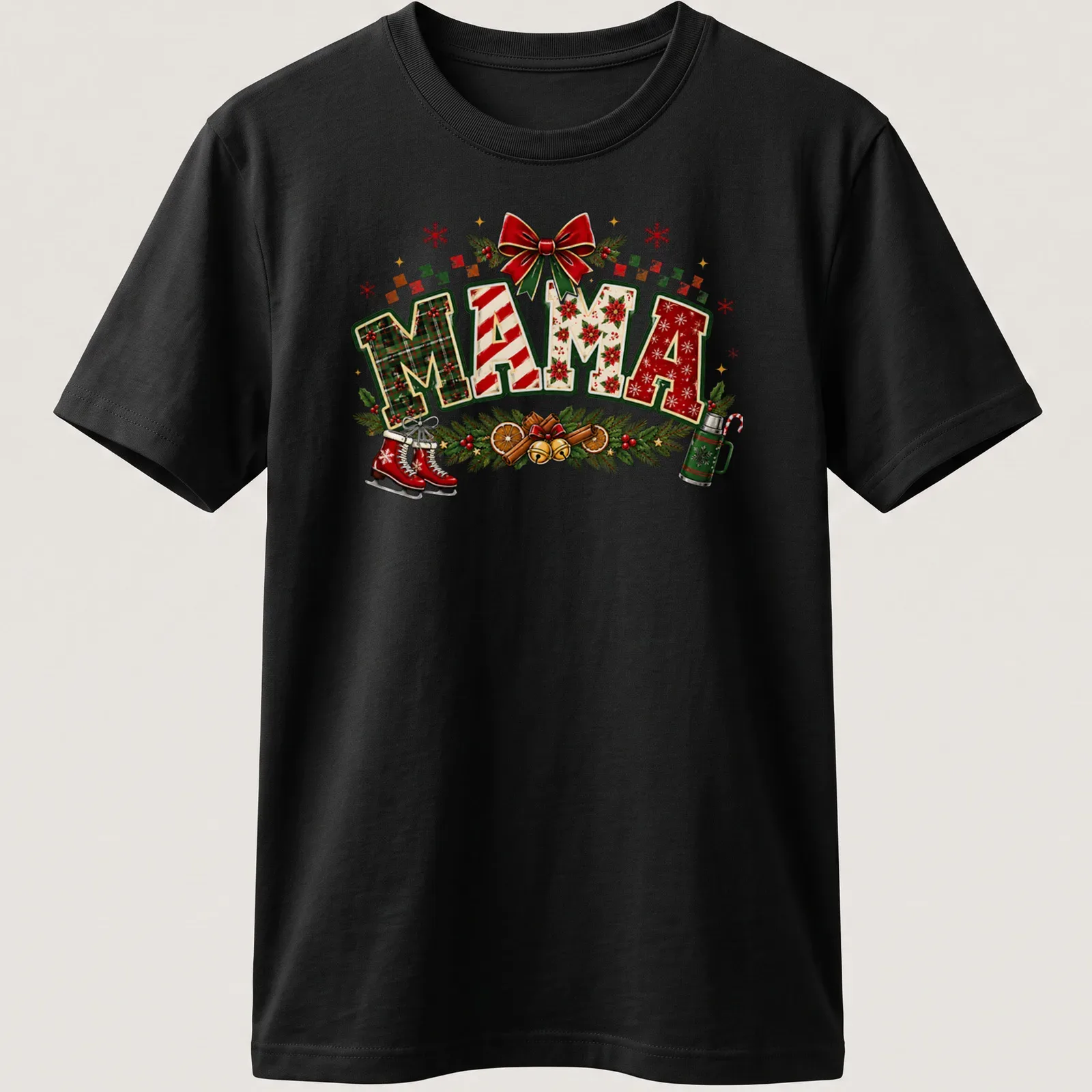 Colorful Christmas-themed t-shirt featuring 'MAMA' text with festive elements — printed on a unisex t-shirt