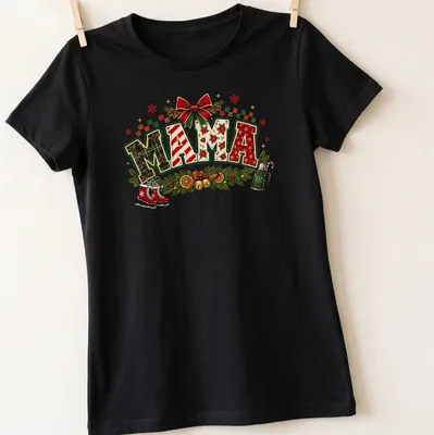 Colorful Christmas-themed t-shirt featuring 'MAMA' text with festive elements — printed on a women's shirt