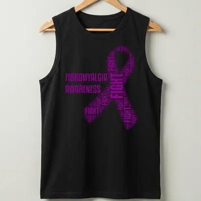 Purple Fibromyalgia Awareness Fight Ribbon t-shirt with bold text art — printed on a tank top