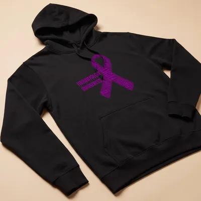 Purple Fibromyalgia Awareness Fight Ribbon t-shirt with bold text art — printed on a unisex hoodie
