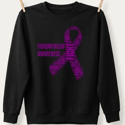 Purple Fibromyalgia Awareness Fight Ribbon t-shirt with bold text art — printed on a unisex sweatshirt