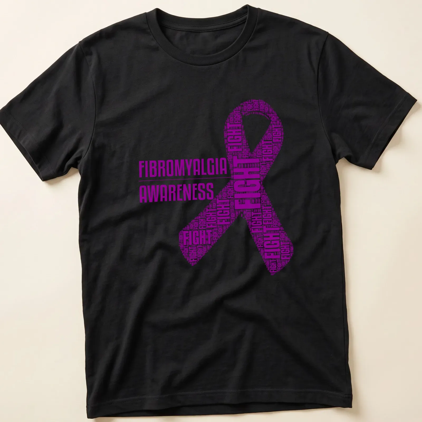 Purple Fibromyalgia Awareness Fight Ribbon t-shirt with bold text art — printed on a unisex t-shirt