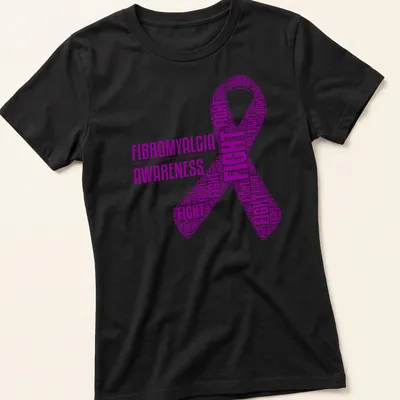 Purple Fibromyalgia Awareness Fight Ribbon t-shirt with bold text art — printed on a women's shirt