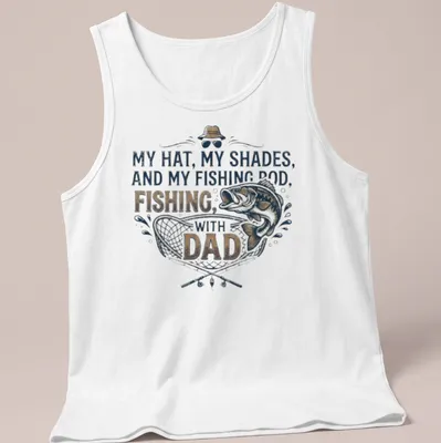 Vintage style Fishing with Dad t-shirt featuring fishing rod and fish illustrations — printed on a tank top