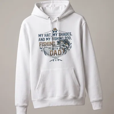 Vintage style Fishing with Dad t-shirt featuring fishing rod and fish illustrations — printed on a unisex hoodie