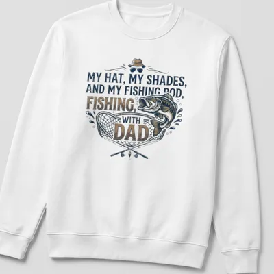 Vintage style Fishing with Dad t-shirt featuring fishing rod and fish illustrations — printed on a unisex sweatshirt