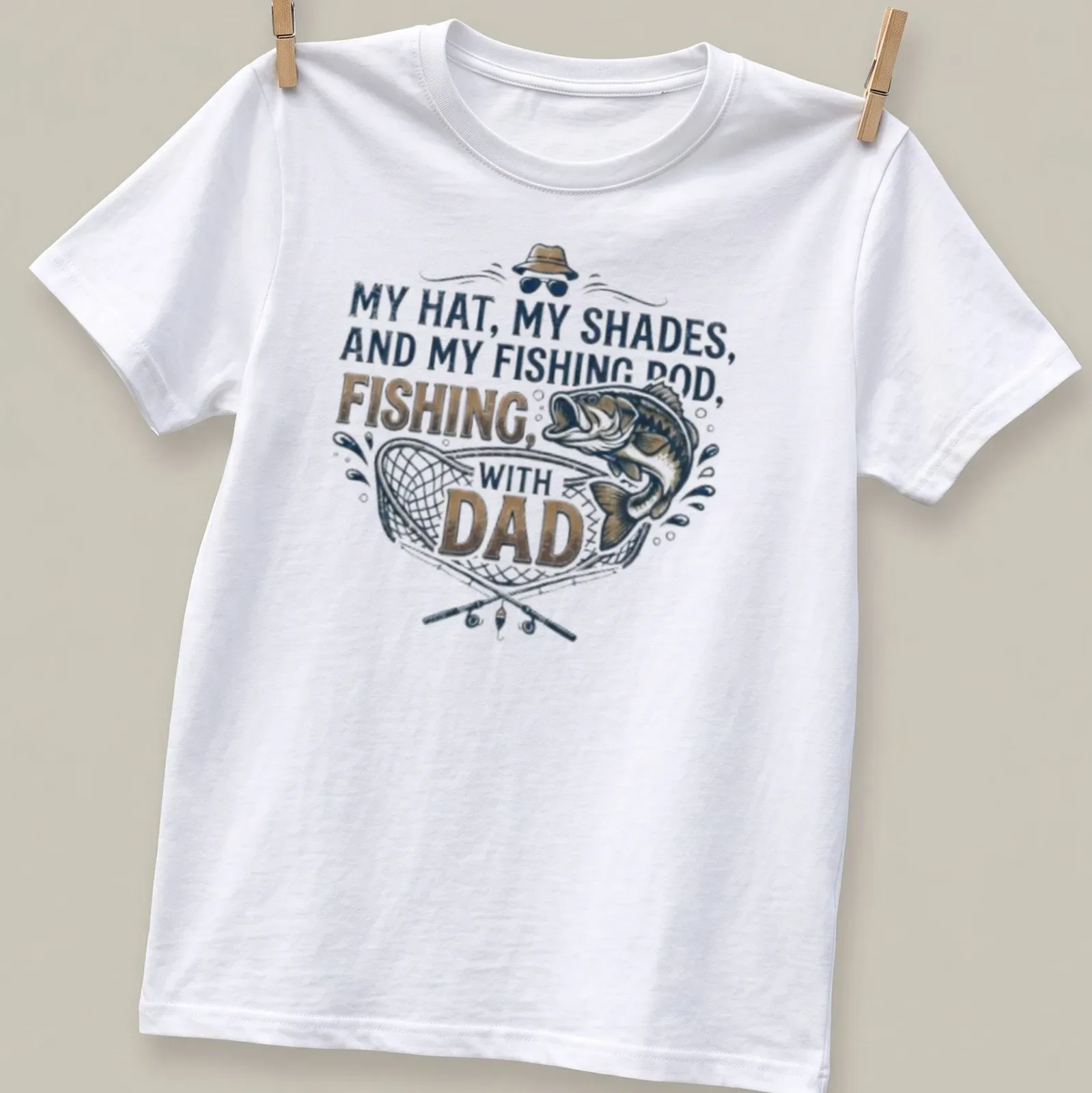 Vintage style Fishing with Dad t-shirt featuring fishing rod and fish illustrations — printed on a unisex t-shirt